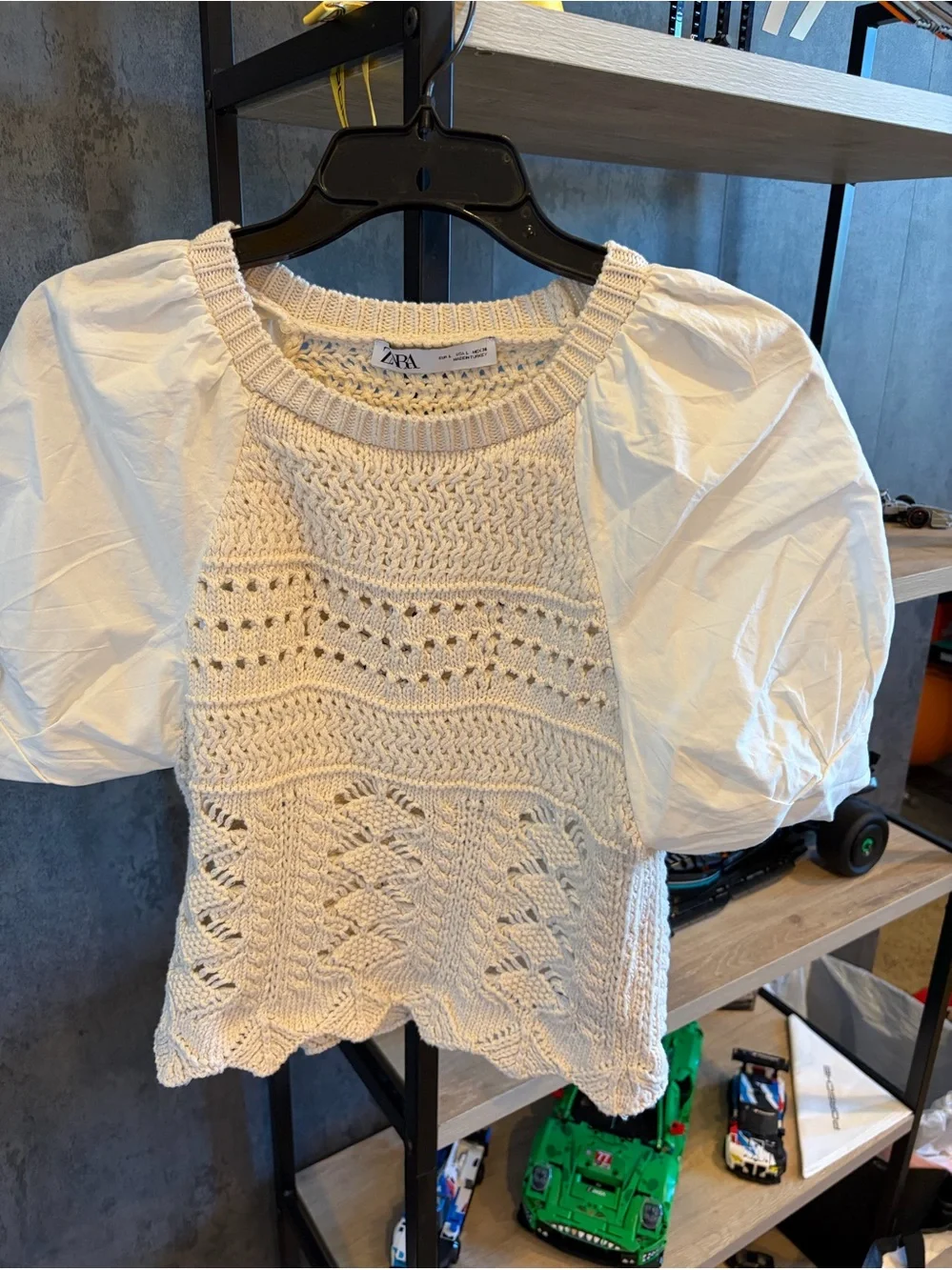 ZARA Cream Crochet Knit Bodice Puff-Sleeve Top